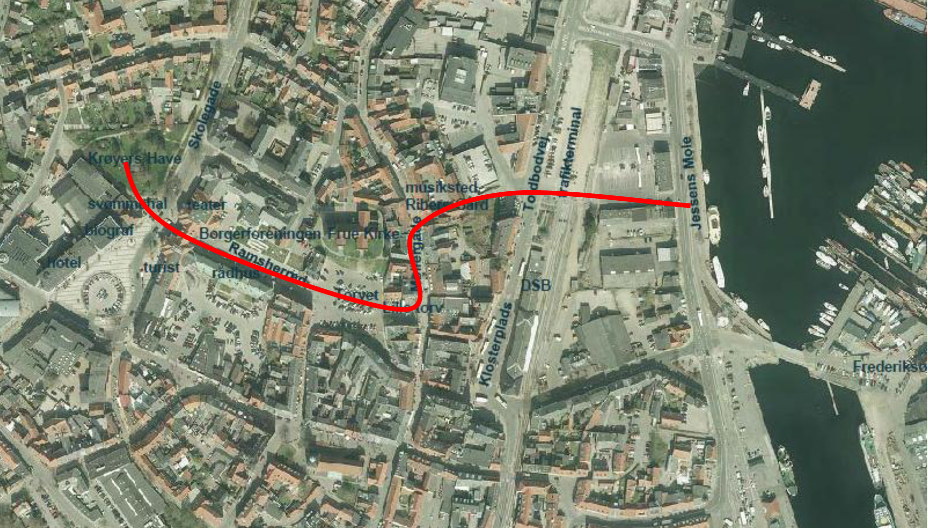 Oversigt over byrumsforløbet, der skal forbinde Svendborg bymidte og havn.