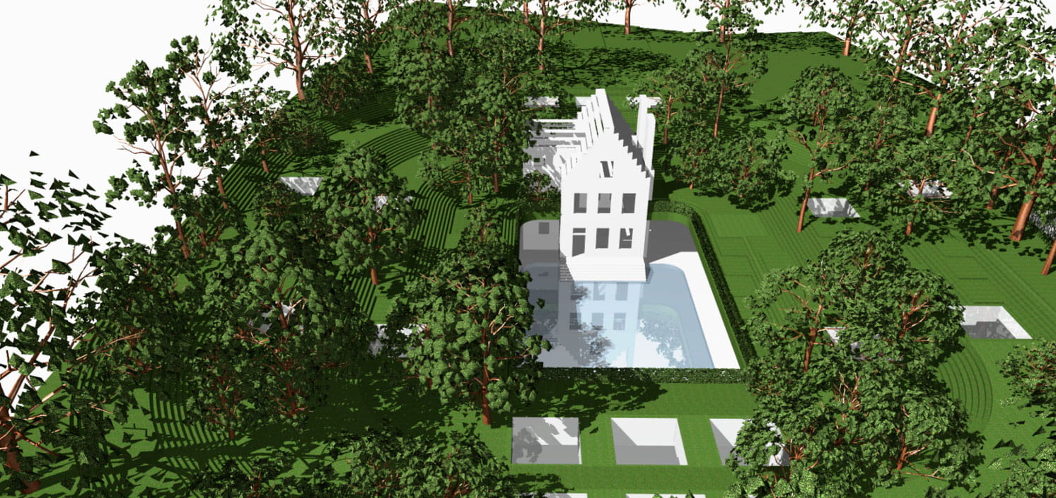 Paper Cutting House. Huset er en fortolkning af det simple papirklip af et lille hus med saddeltag, vinduer og døre, næsten som et barn ville tegne det.