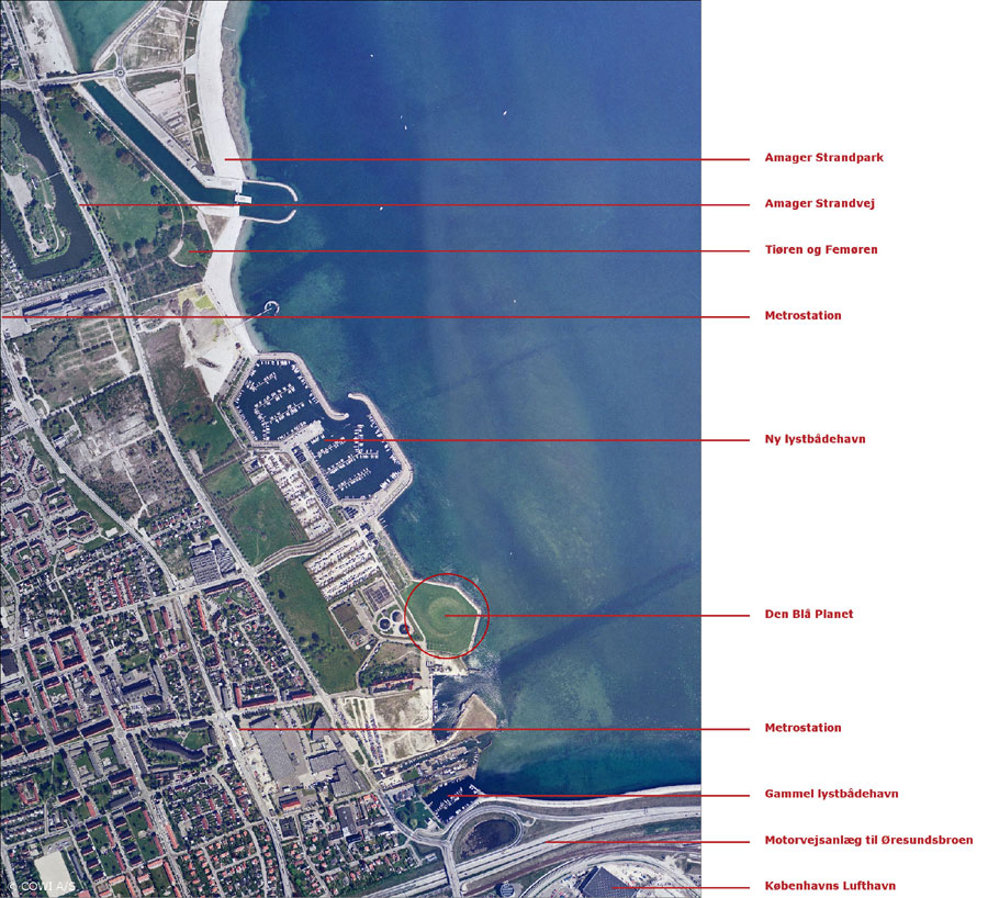 Det nye akvarium får en unik placering i vandkanten på Østamager, mellem Kastrup Havn og Amager Strandpark – i krydsfeltet for Nordeuropas bedste infrastruktur.