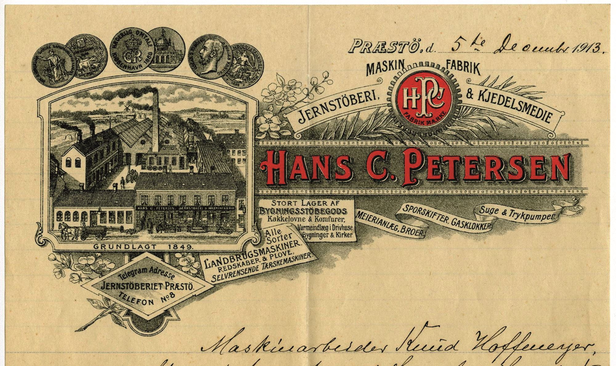 Det gamle brevpapir fra Hans C. Petersens ”Jernstöberi & Kjedelsmedie” viser, hvordan industrianlægget engang har set ud.