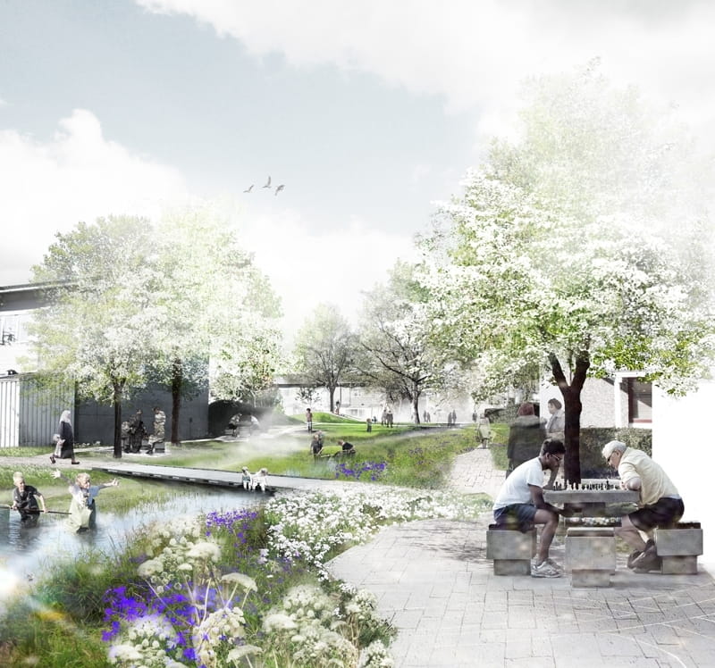 Nu går anlægsarbejdet på Klimatilpasning Kokkedal i gang. Projektet skal ved hjælp af nye overfladeløsninger til håndtering af regnvand skabes et styrket bymiljø. 